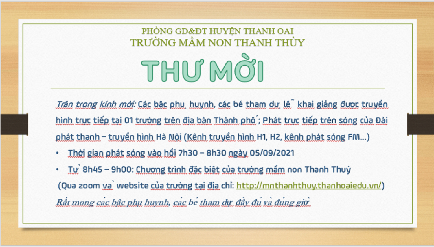 Lịch khai giảng năm học mới 2021-2022 Trường mầm non Thanh Thùy